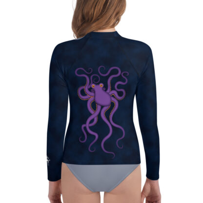 CAVIS Purple Octopus Youth Rash Guard - Dark Blue Swim Shirt - Back