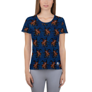 CAVIS Flying Octopus Women's Tech Athletic Shirt - Dark Blue Pattern - Front
