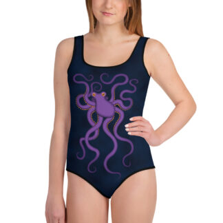 CAVIS Purple Octopus Youth Swimsuit – Dark Blue – Front