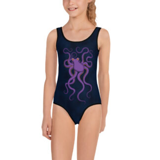 CAVIS Purple Octopus Kid's Swimsuit - Dark Blue - Front