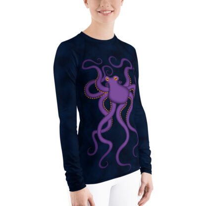 CAVIS Purple Octopus Women's Rash Guard - Dark Blue Scuba Swim Shirt - Right