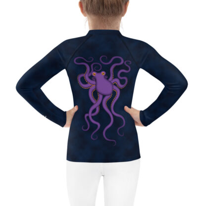 CAVIS Purple Octopus Kid's Rash Guard - Dark Blue Swim Shirt - Back