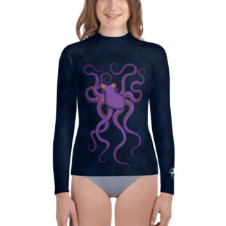 CAVIS Purple Octopus Youth Rash Guard – Dark Blue Swim Shirt – Front