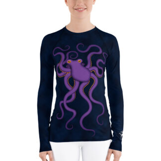 CAVIS Purple Octopus Women’s Rash Guard – Dark Blue Scuba Swim Shirt – Front