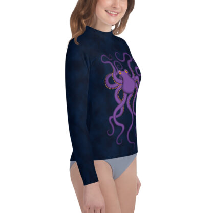 CAVIS Purple Octopus Youth Rash Guard - Dark Blue Swim Shirt - Right