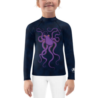 CAVIS Purple Octopus Kid’s Rash Guard – Dark Blue Swim Shirt – Front