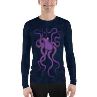 CAVIS Purple Octopus Men's Rash Guard - Dark Blue Scuba Swim Shirt - Front