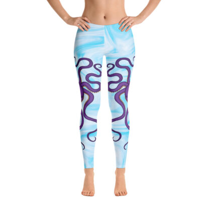 CAVIS Purple Octopus Pattern Women's Leggings - Light Blue Scuba Dive Skin - Front