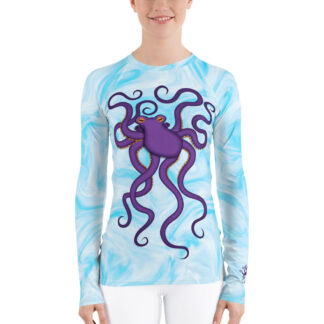 CAVIS Purple Octopus Women's Rash Guard - Light Blue Scuba Dive Skin - FrontPurple Octopus Light Colored Rash Guard