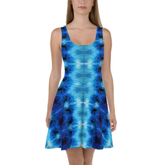 CAVIS Blue Ocean Octopus Flare Dress – Bright Blue Skater Dress – Front