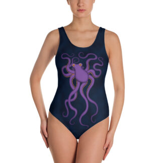 CAVIS Purple Octopus Women’s Swimsuit – Dark Blue One-Piece – Front