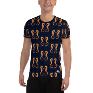 CAVIS Seahorse Pattern Men’s Tech Athletic Shirt – Dark Blue – Front
