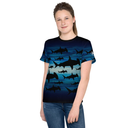 CAVIS Hammerhead Shark Pattern Shirt - Blue All Over Print T-shirt - Youth - Front