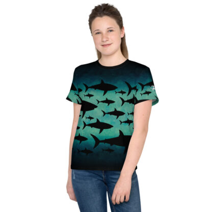 CAVIS Shark Pattern Shirt - Teal All Over Print T-shirt - Youth - Front