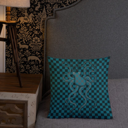 CAVIS 80's Retro Style Checkered Camouflage Octopus Premium Pillow - Lifestyle 3 - Front