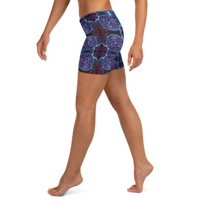 CAVIS Celtic Soul Boy Shorts - Purple Blue Pattern Yoga Shorts - Alternative Athletic Swim Bottom - Left
