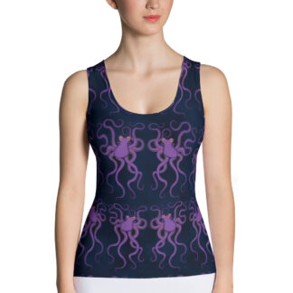 CAVIS Purple Octopus Pattern Fitted Tank Top - Dark Blue Sexy Top - Front
