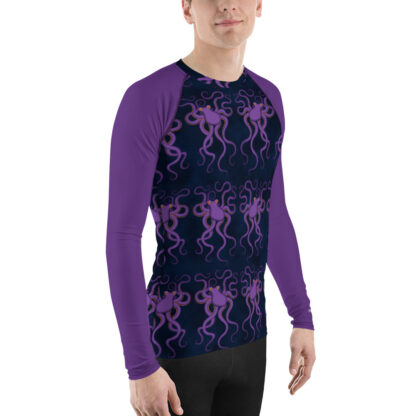 CAVIS Purple Octopus Pattern Men's Rash Guard - Dark Blue Athletic Swim Shirt - Right