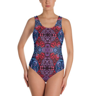 CAVIS Celtic Heart Women's Swimsuit - Red and Blue Pattern - Front