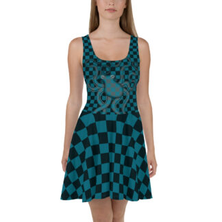 CAVIS 80’s Retro Style Checkered Camouflage Skater Dress – Green Black Flare Dress – Front