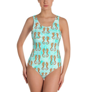 CAVIS Seahorse Pattern Women’s Swimsuit – Light Teal and White – Front