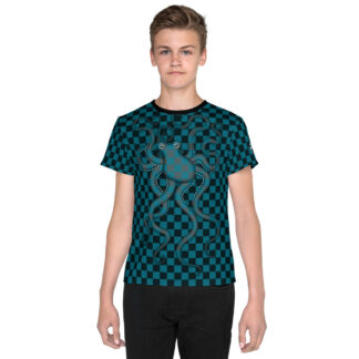 CAVIS 80’s Retro Style Checkered Camouflage Octopus Shirt – All Over Print T-shirt – Youth – Front