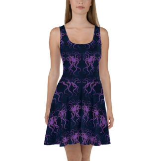 CAVIS Purple Octopus Pattern Flare Dress – Dark Blue Skater Style – Front