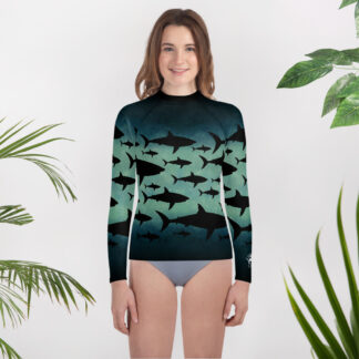 CAVIS a Shark Pattern Youth Rash Guard, Sun Protection Swim Shirt - Front Lifestyle