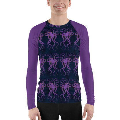 CAVIS Purple Octopus Pattern Men's Rash Guard - Dark Blue Scuba Diver Swim Shirt - Front