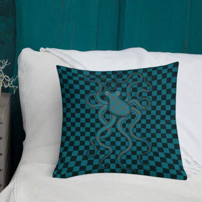 CAVIS 80's Retro Style Checkered Camouflage Octopus Premium Pillow - Lifestyle 1 - Front
