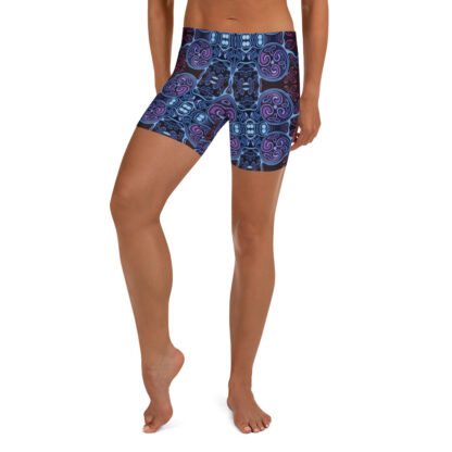 CAVIS Celtic Soul Boy Shorts - Purple Blue Pattern Yoga Shorts - Alternative Athletic Swim Bottom - Front