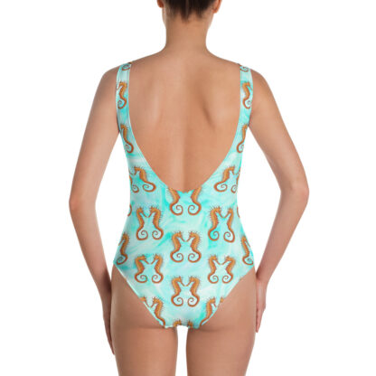 CAVIS Seahorse Pattern Women's Swimsuit - Light Teal and White - Back