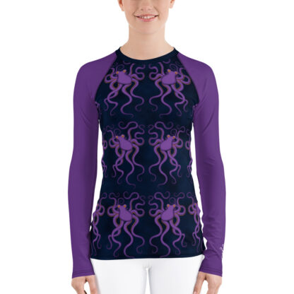 CAVIS Purple Octopus Pattern Women's Rash Guard - Dark Blue Scuba Diver Swim Shirt - Front