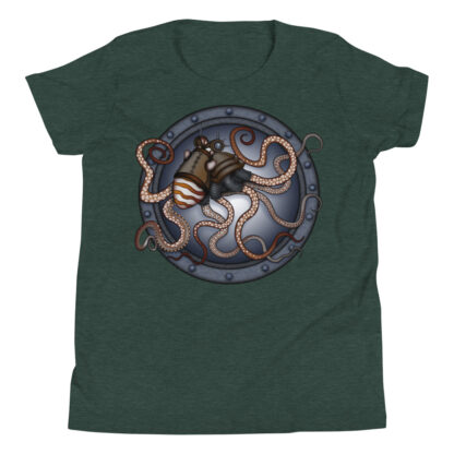 CAVIS Steampunk Octopus Youth T-Shirt - Dark Green Short Sleeve Shirt