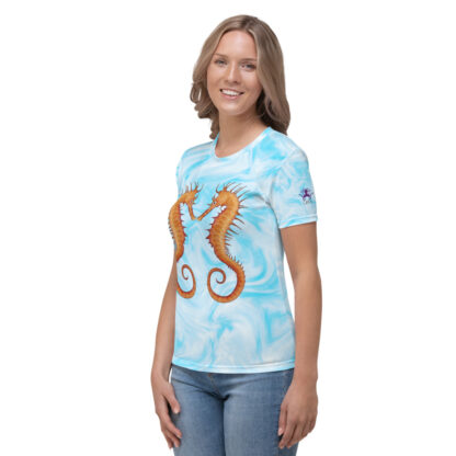 CAVIS Seahorse Pair on Light Blue Background - Women’s T-Shirt, Soft Vibrant Quick-Dry Sea Life Shirt - Left