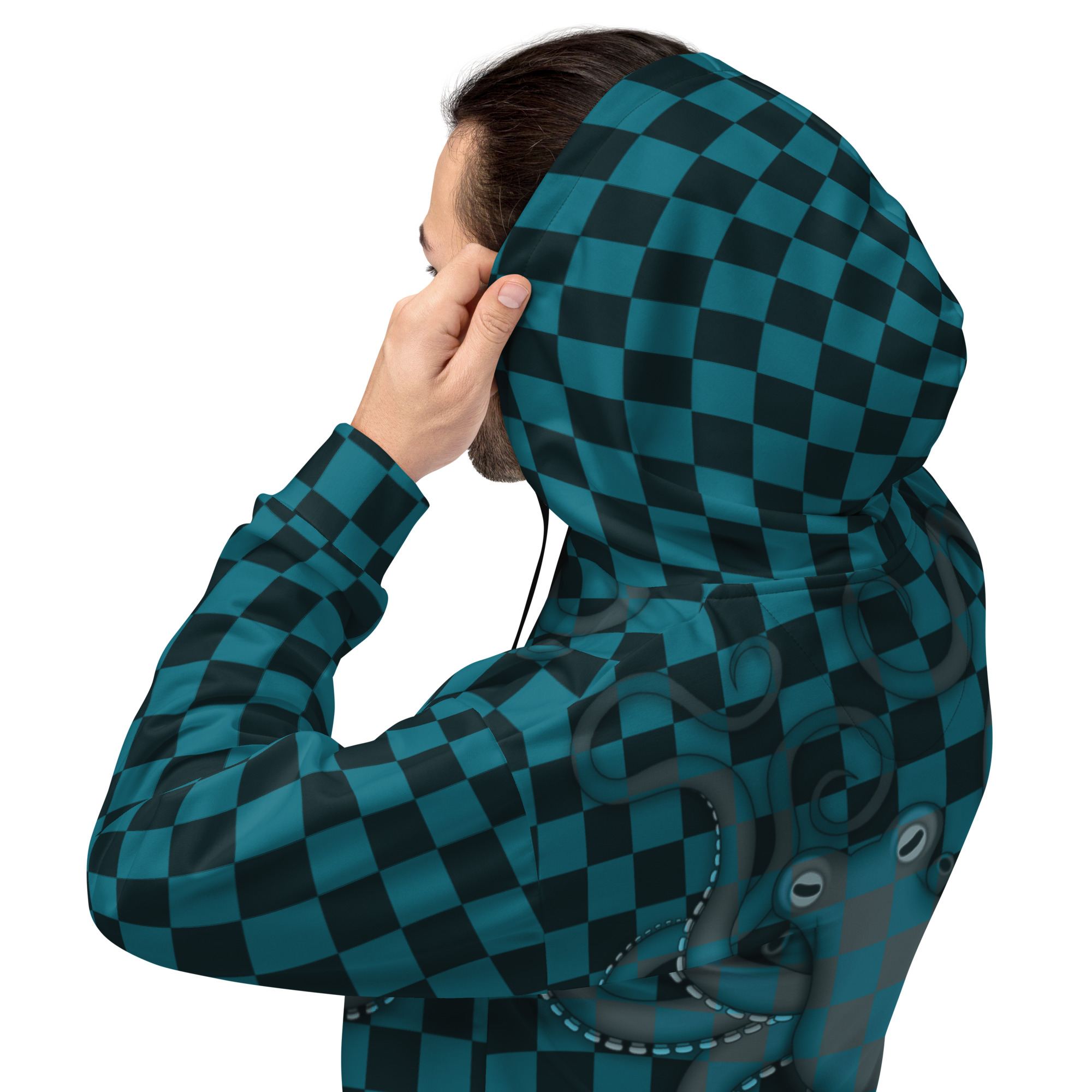 CAVIS Checkered Octopus Camouflage Hoodie, Retro 80's Nautical Unisex Pull-Over Sweatshirt - Image 5