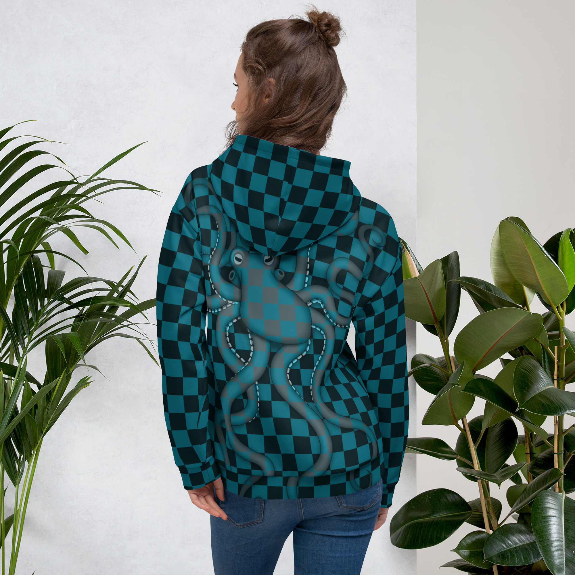 CAVIS Checkered Octopus Camouflage Hoodie, Retro 80's Nautical Unisex Pull-Over Sweatshirt - Image 2