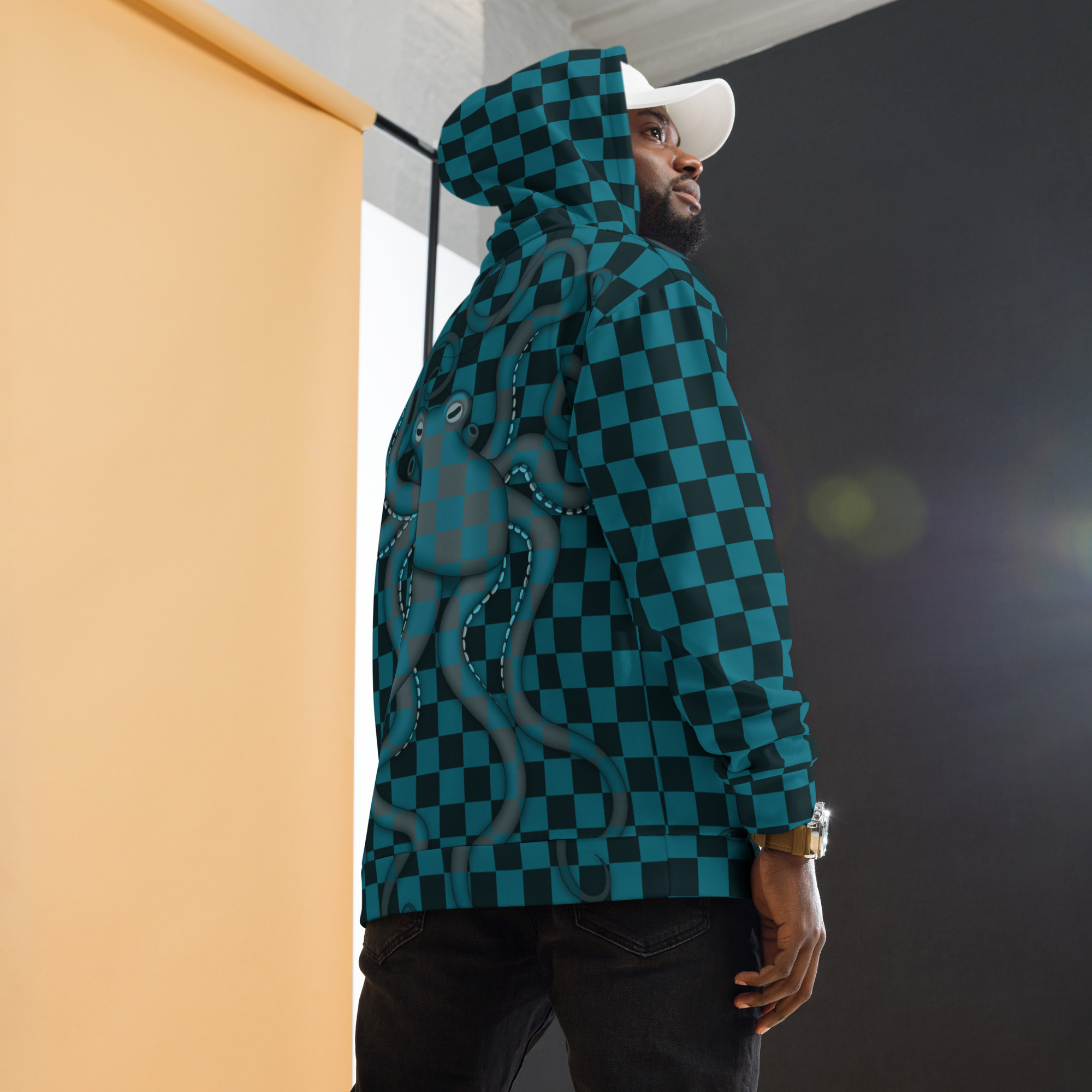 CAVIS Checkered Octopus Camouflage Hoodie, Retro 80's Nautical Unisex Pull-Over Sweatshirt - Image 3