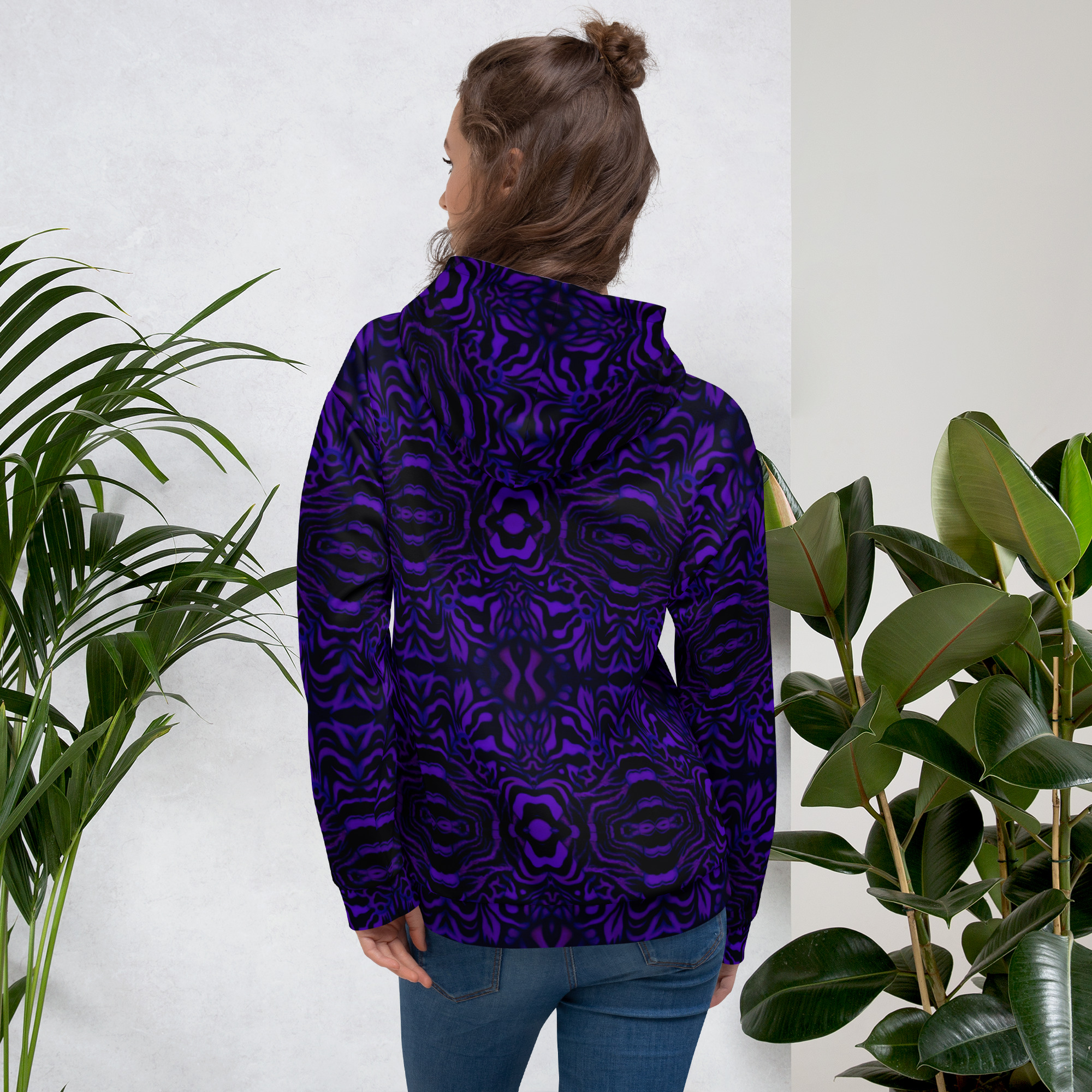 CAVIS Wunderpus Pattern Unisex Hoodie, Purple Black Octopus Pattern Hooded Sweatshirt - Image 4