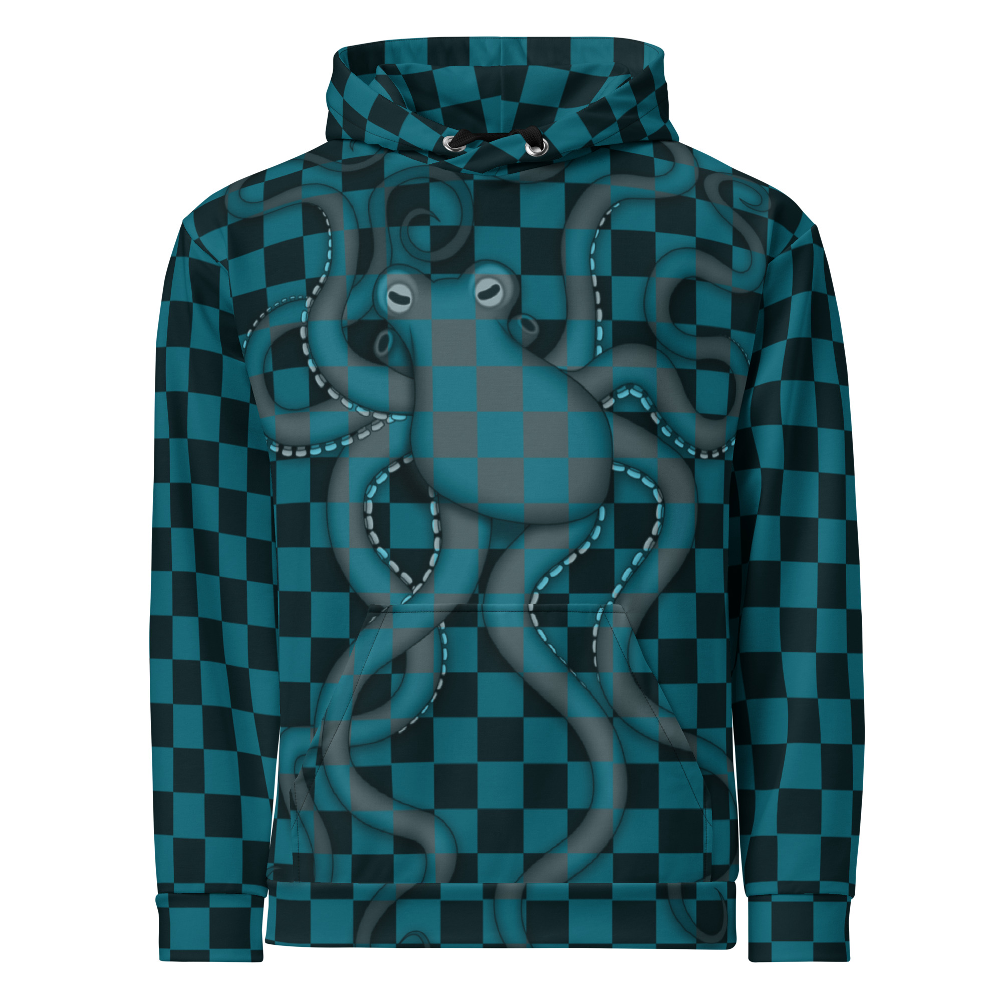 CAVIS Checkered Octopus Camouflage Hoodie, Retro 80's Nautical Unisex Pull-Over Sweatshirt - Image 9