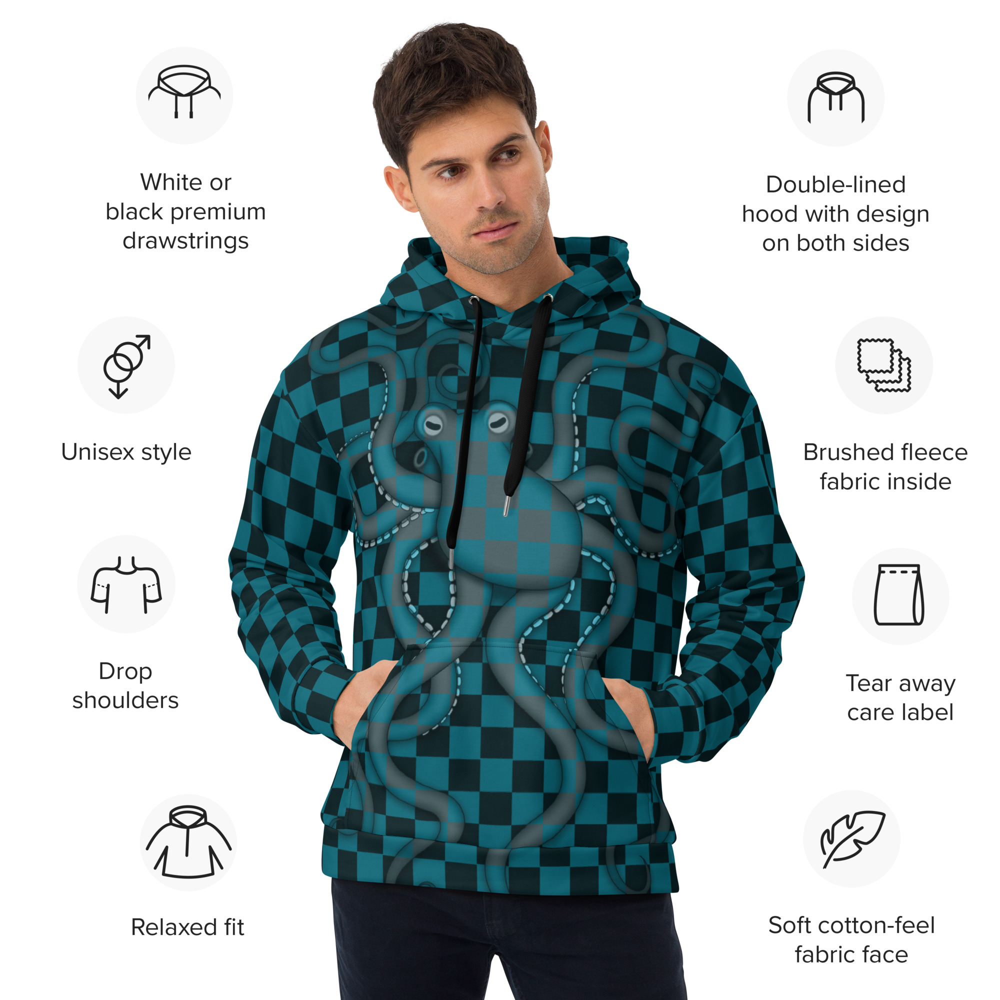 CAVIS Checkered Octopus Camouflage Hoodie, Retro 80's Nautical Unisex Pull-Over Sweatshirt - Image 14