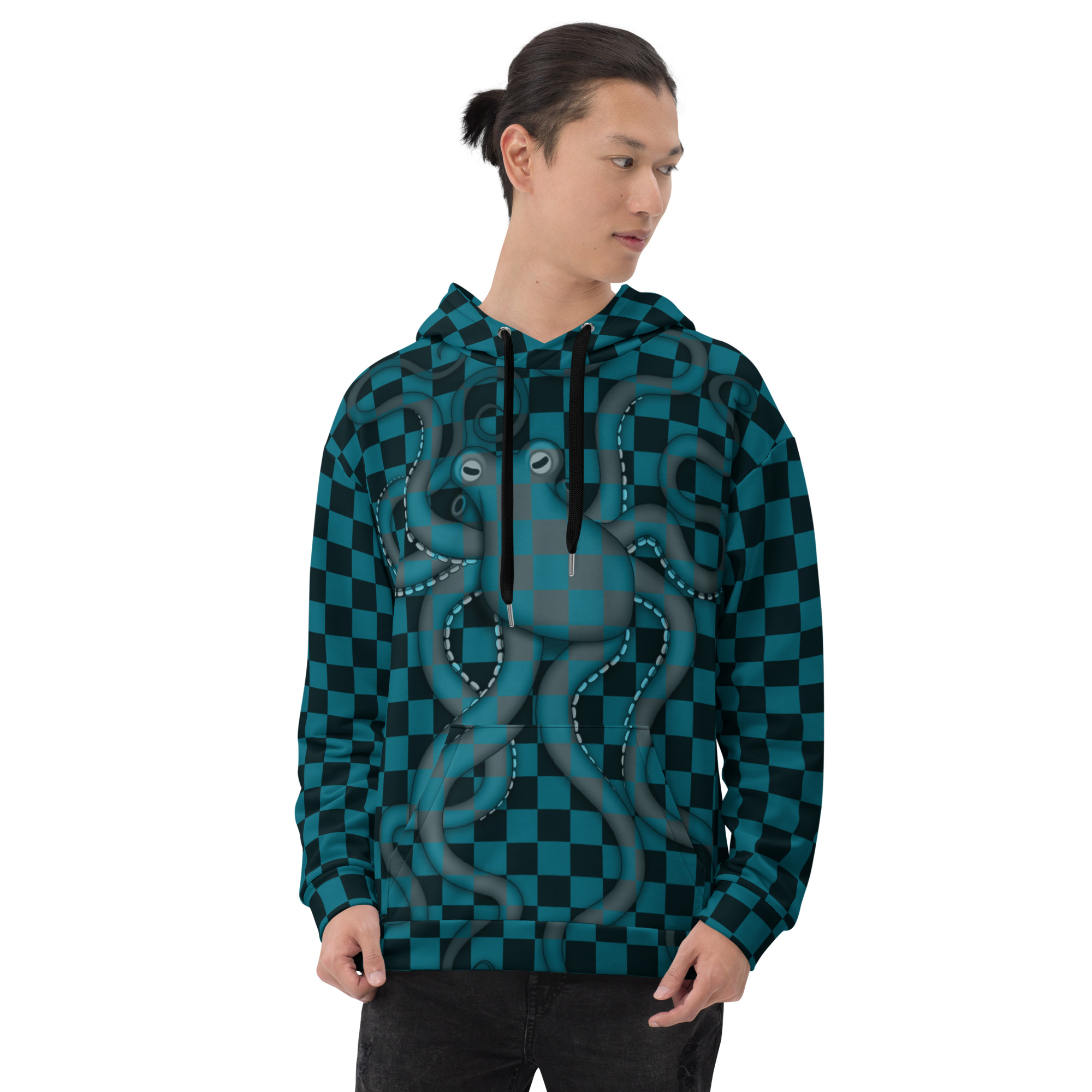 CAVIS Checkered Octopus Camouflage Hoodie, Retro 80's Nautical Unisex Pull-Over Sweatshirt - Image 15