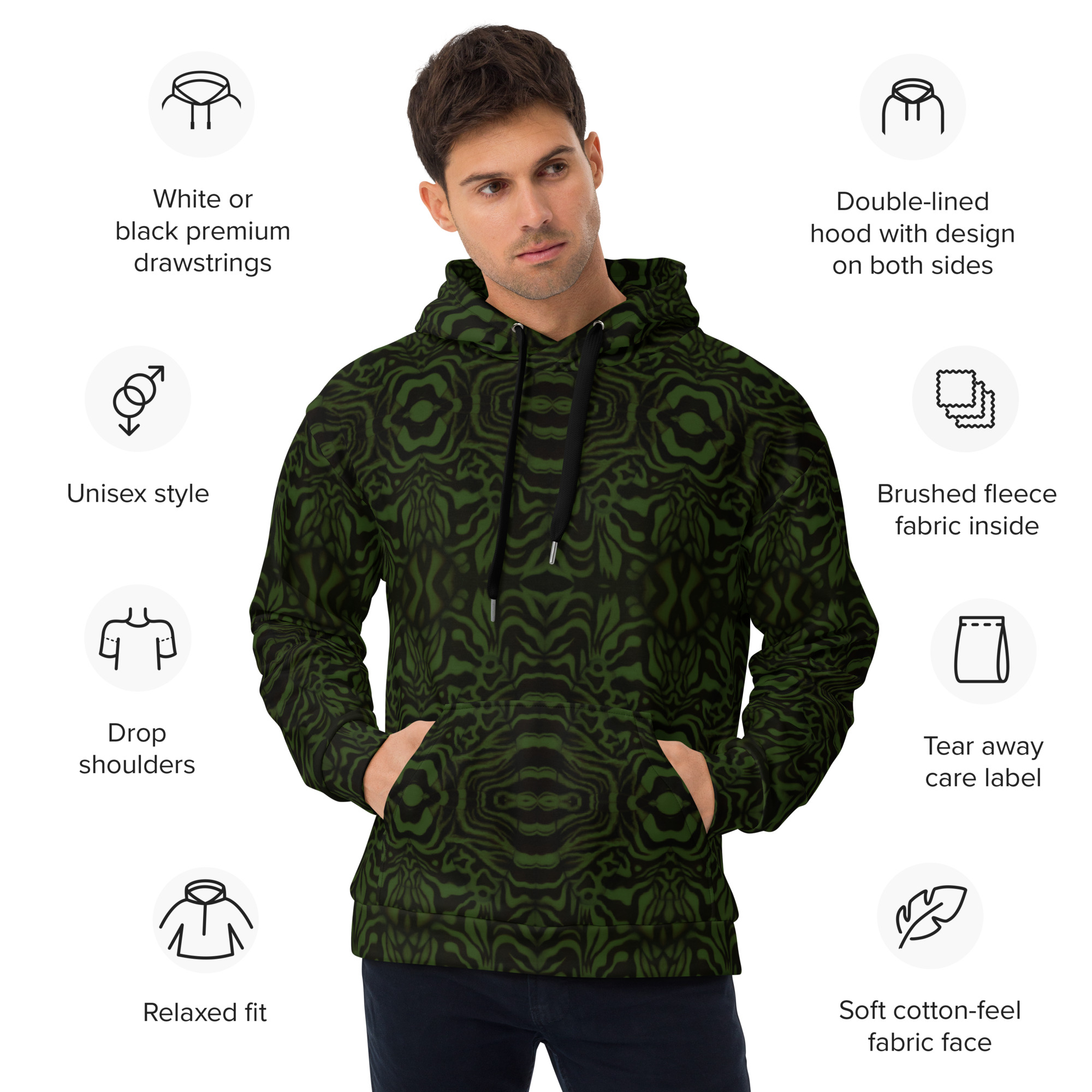 CAVIS Wunderpus Unisex Hoodie, Green Black Octopus Pattern Hooded Sweatshirt - Image 17