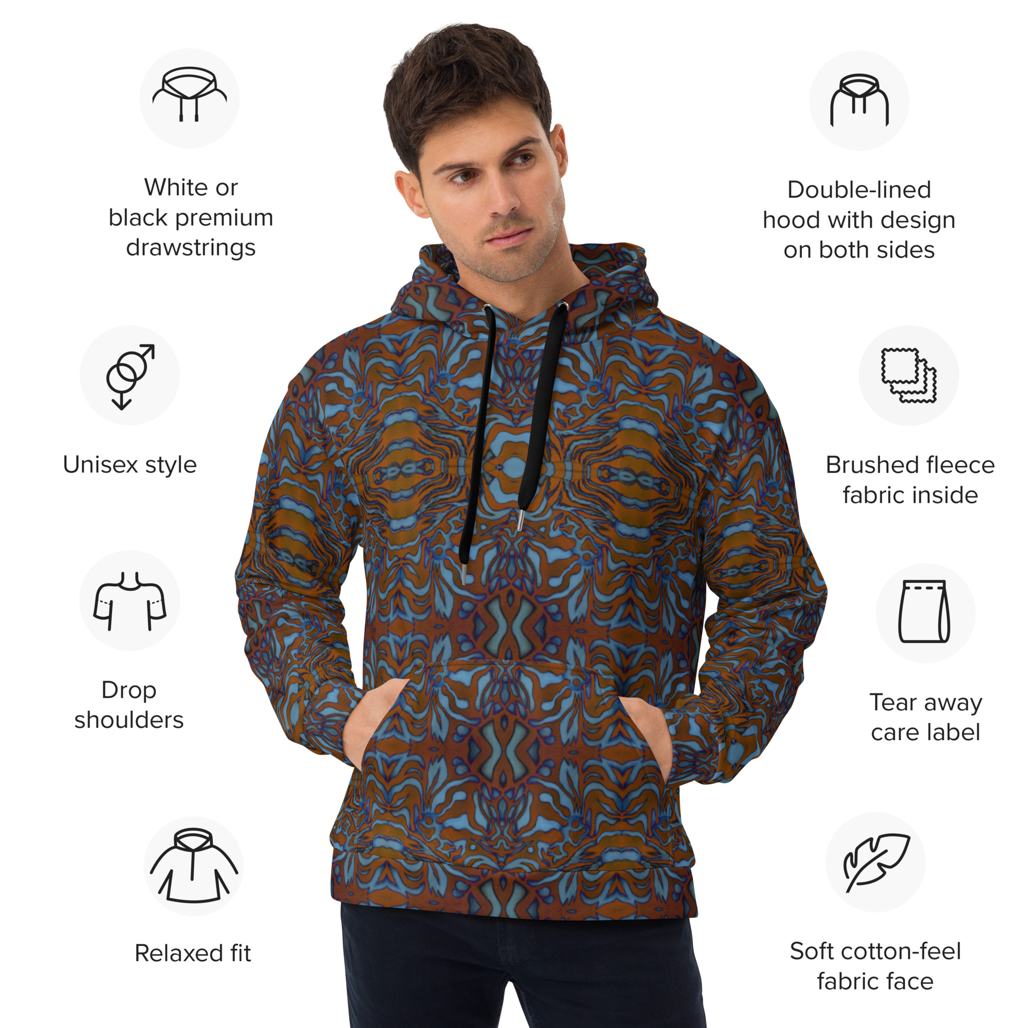 CAVIS Wunderpus Unisex Hoodie, Orange Blue Octopus Pattern Hooded Sweatshirt - Image 15