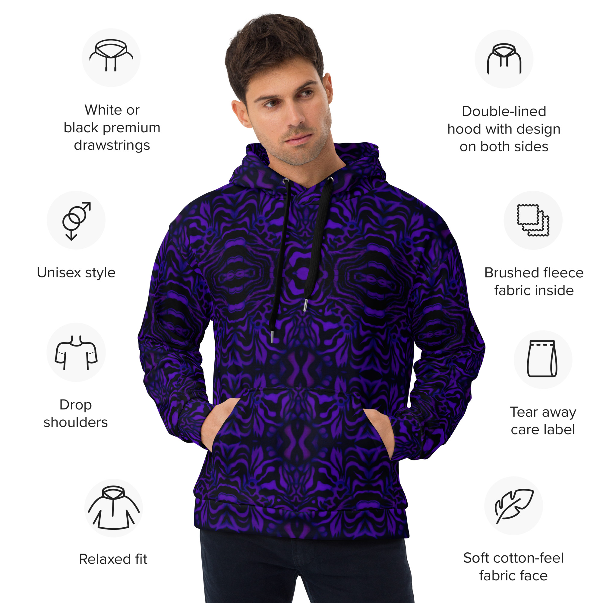CAVIS Wunderpus Pattern Unisex Hoodie, Purple Black Octopus Pattern Hooded Sweatshirt - Image 17