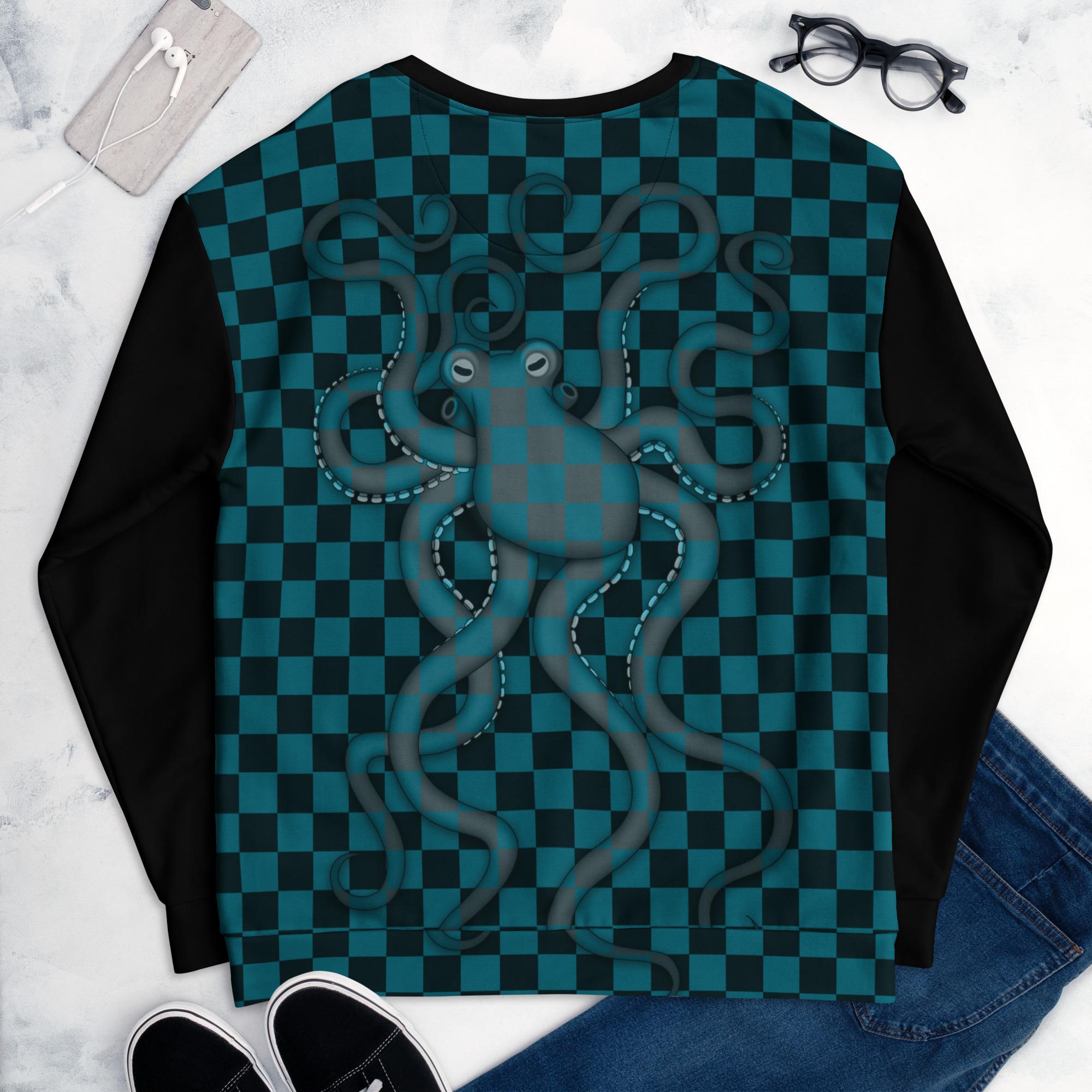 CAVIS Checkered Camouflage Octopus Unisex Sweatshirt, Retro 80's Sea Life Long Sleeve Top - Image 14