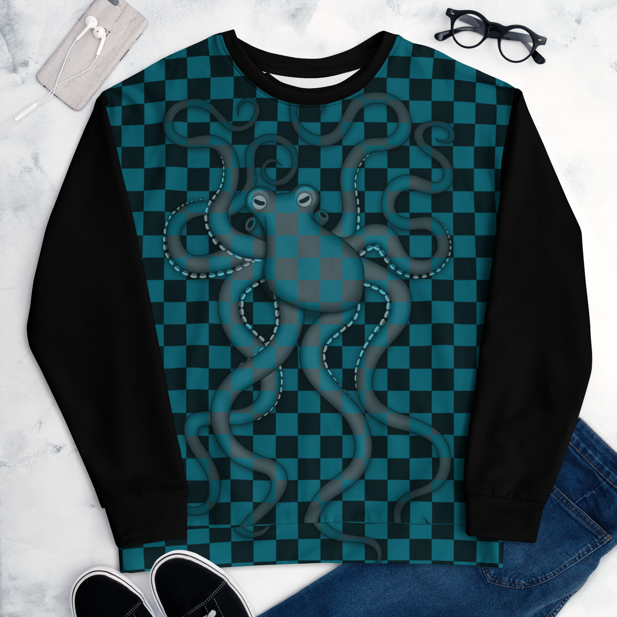 CAVIS Checkered Camouflage Octopus Unisex Sweatshirt, Retro 80's Sea Life Long Sleeve Top - Image 6
