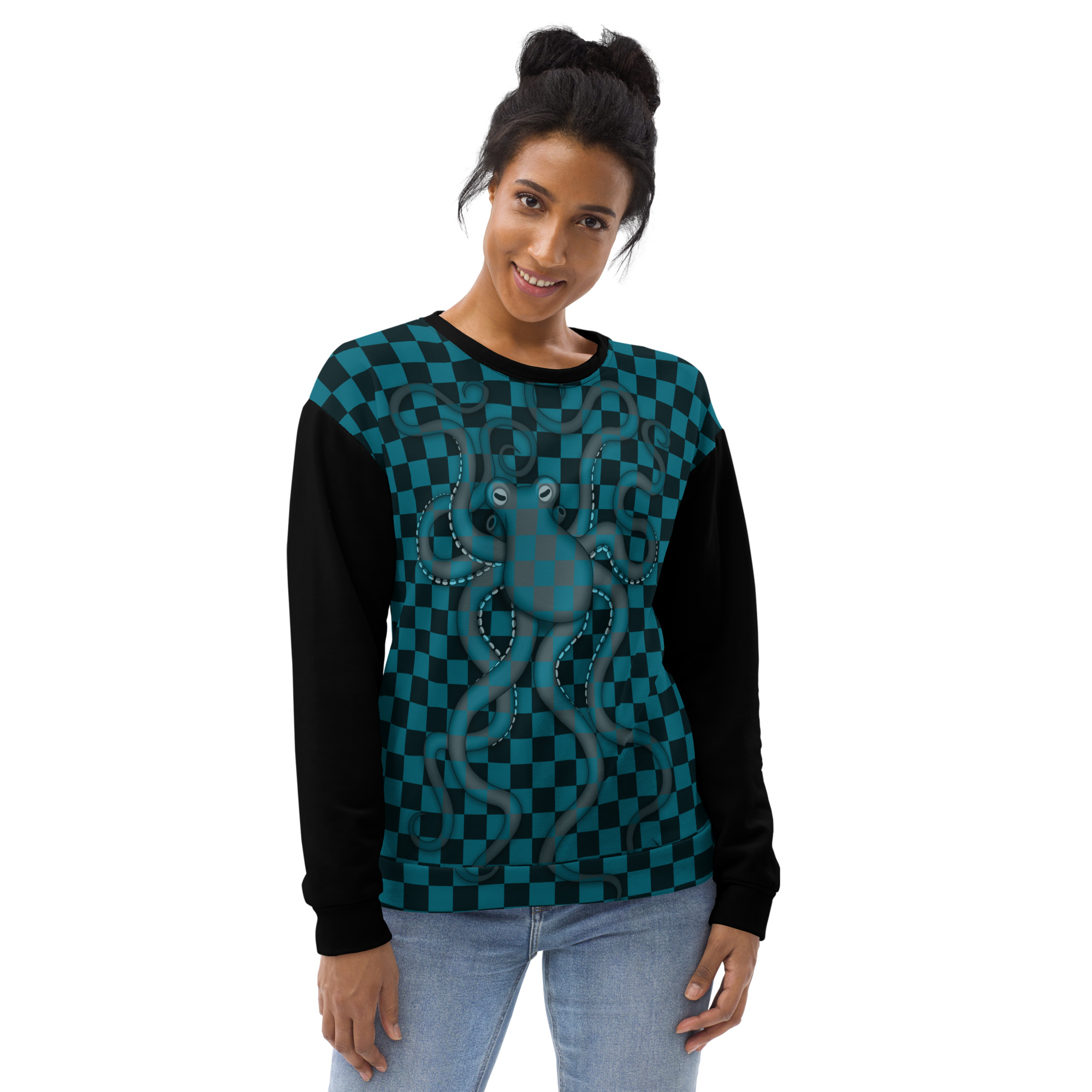 CAVIS Checkered Camouflage Octopus Unisex Sweatshirt, Retro 80's Sea Life Long Sleeve Top - Image 9