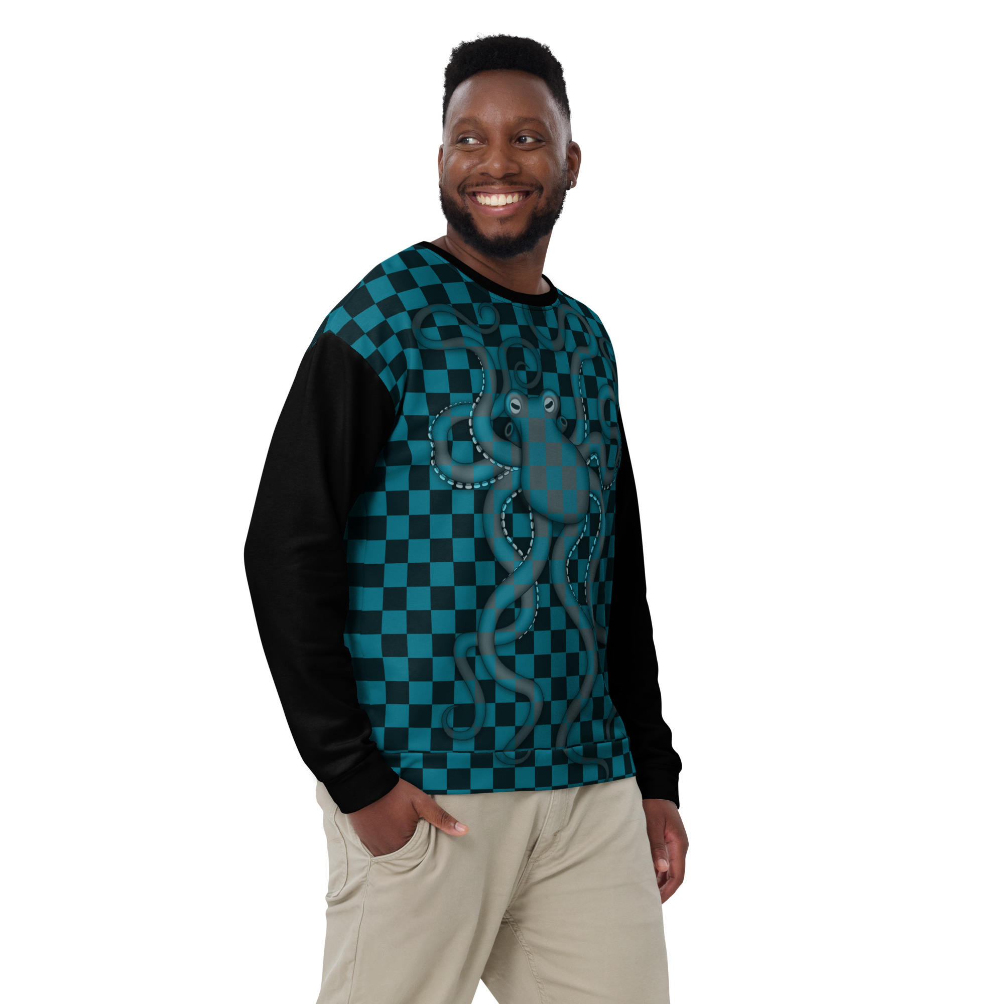 CAVIS Checkered Camouflage Octopus Unisex Sweatshirt, Retro 80's Sea Life Long Sleeve Top - Image 19