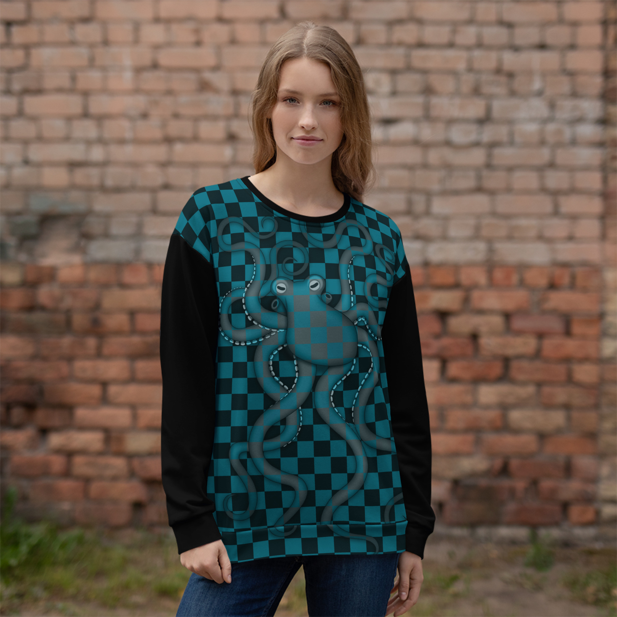 CAVIS Checkered Camouflage Octopus Unisex Sweatshirt, Retro 80's Sea Life Long Sleeve Top - Image 21